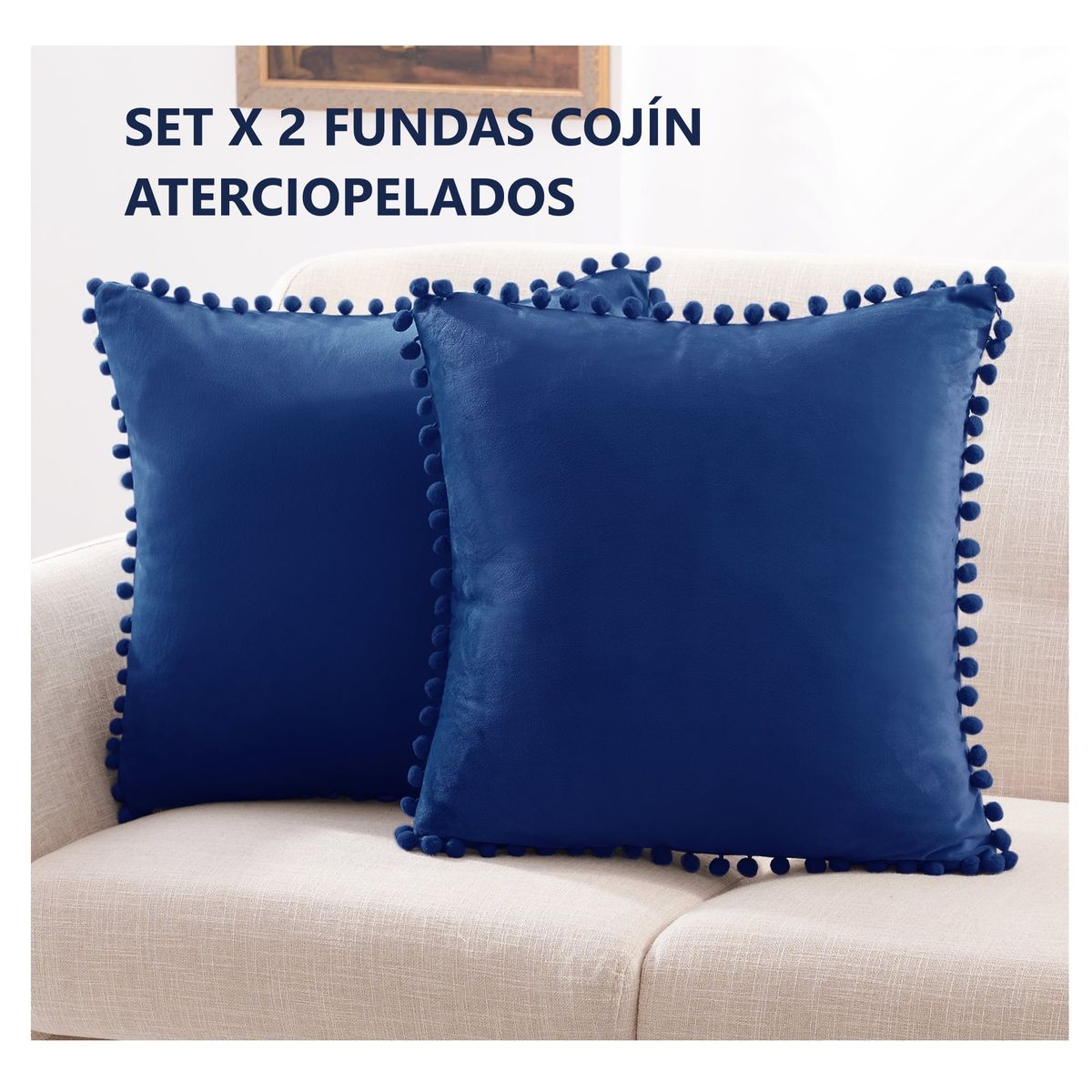 COMPRAPO - Set X 2 Fundas Cojín Boho Chic Aterciopelado Pompones Azul 45x45