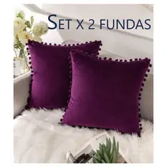 COMPRAPO - Set X 2 Fundas Cojín Boho Chic Aterciopelado Pompones Púrpura 45x45
