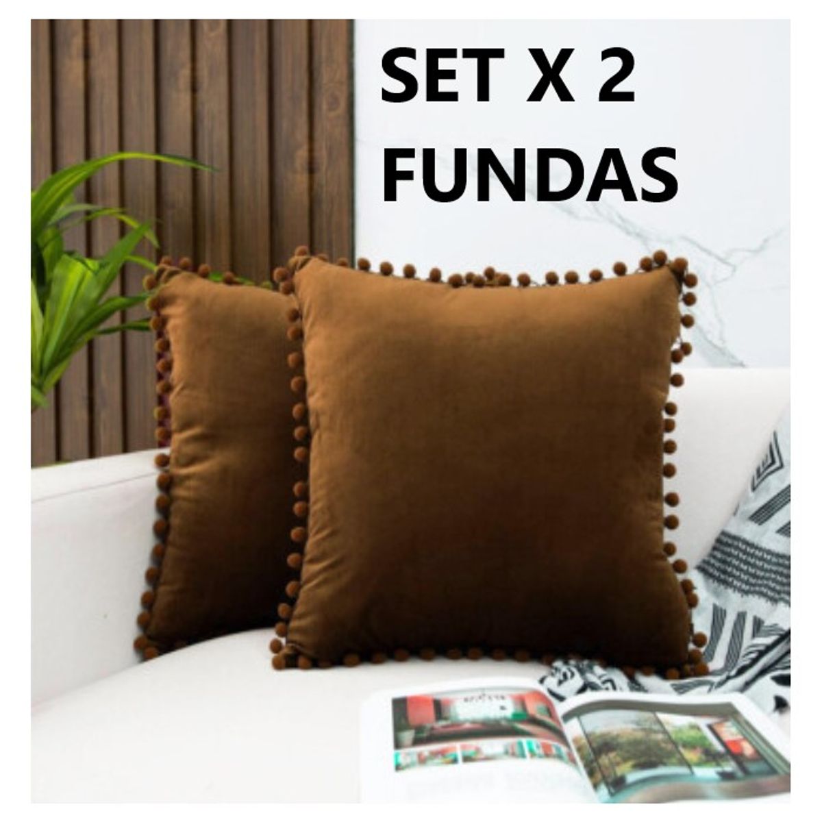 COMPRAPO - Set X 2 Fundas Cojín Boho Chic Aterciopelado Pompones Marrón 45x45