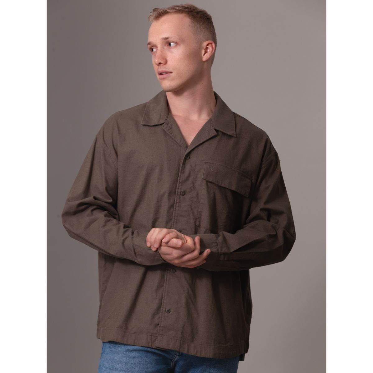 CALVIN KLEIN - Camisa de lino mangas largas Café Calvin Klein