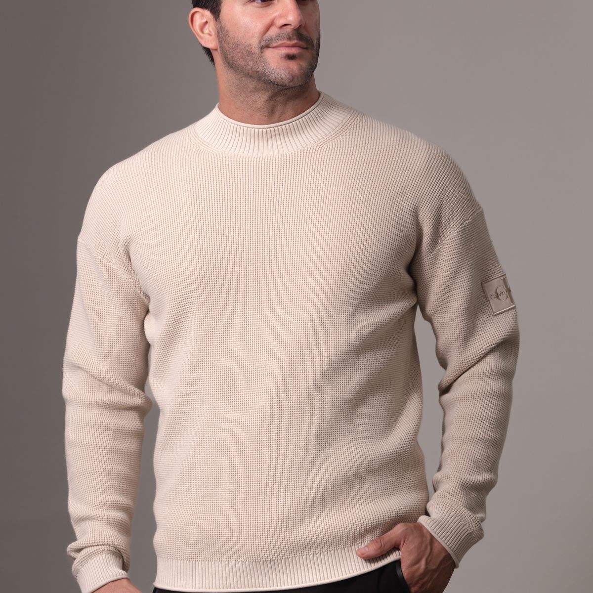 CALVIN KLEIN - Sweater Badge Relaxed Sweater Beige Calvin Klein