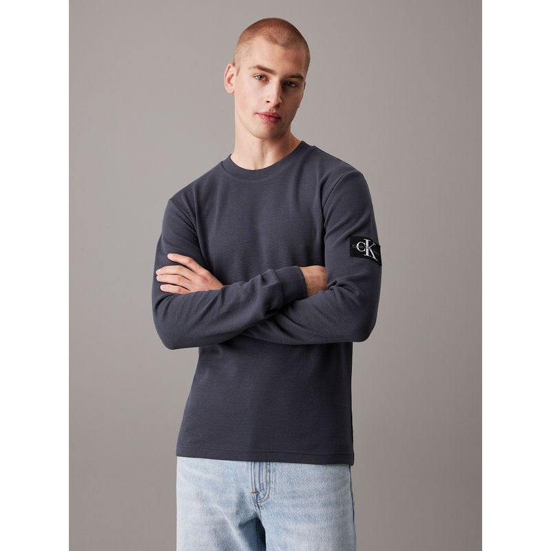 CALVIN KLEIN - Polera LS Badge Waffle Azul Calvin Klein