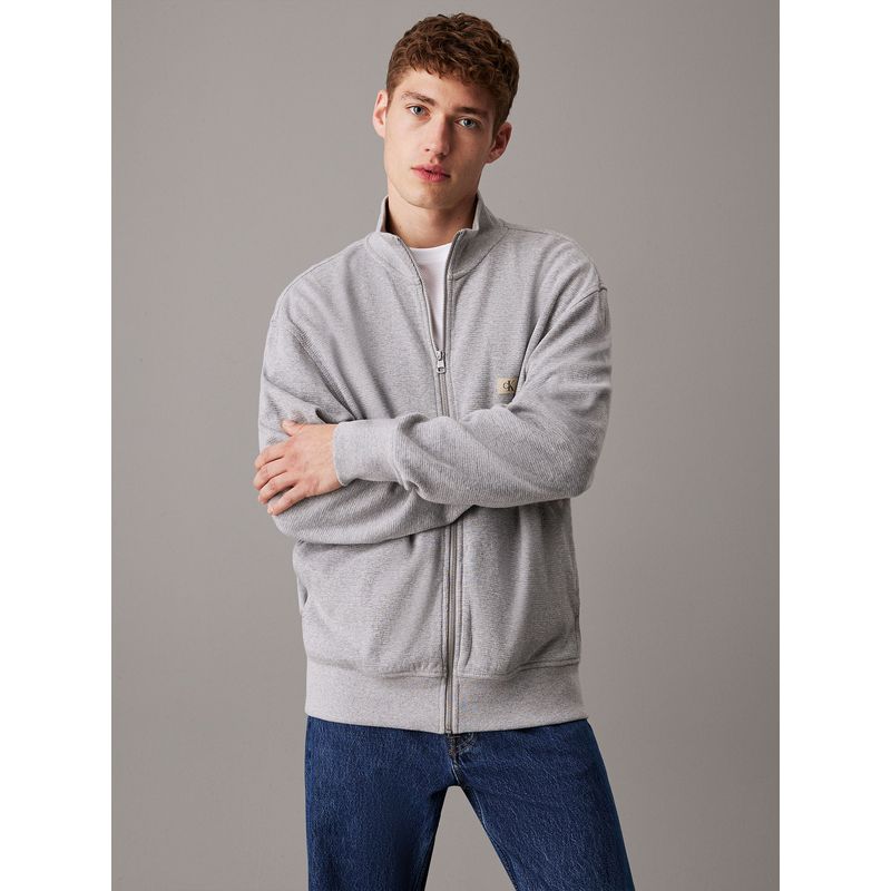 CALVIN KLEIN - Sweater Woven Label Waffle Zip Through Gris Calvin Klein