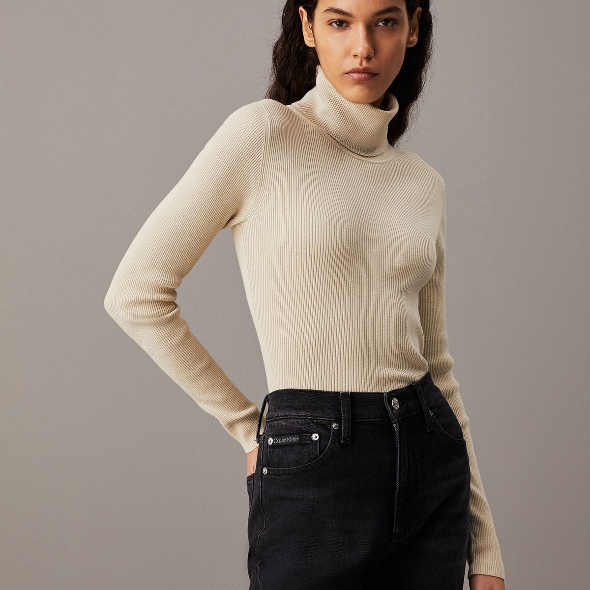 CALVIN KLEIN - Sweater Woven Label Beige Calvin Klein