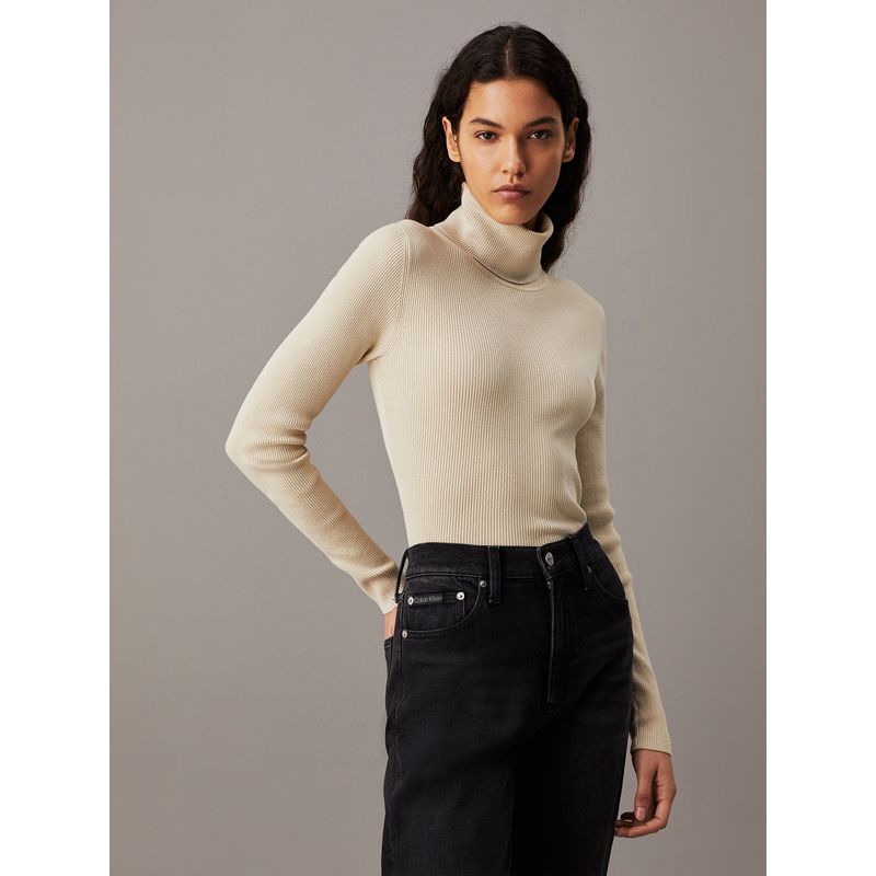 CALVIN KLEIN - Sweater Woven Label Beige Calvin Klein