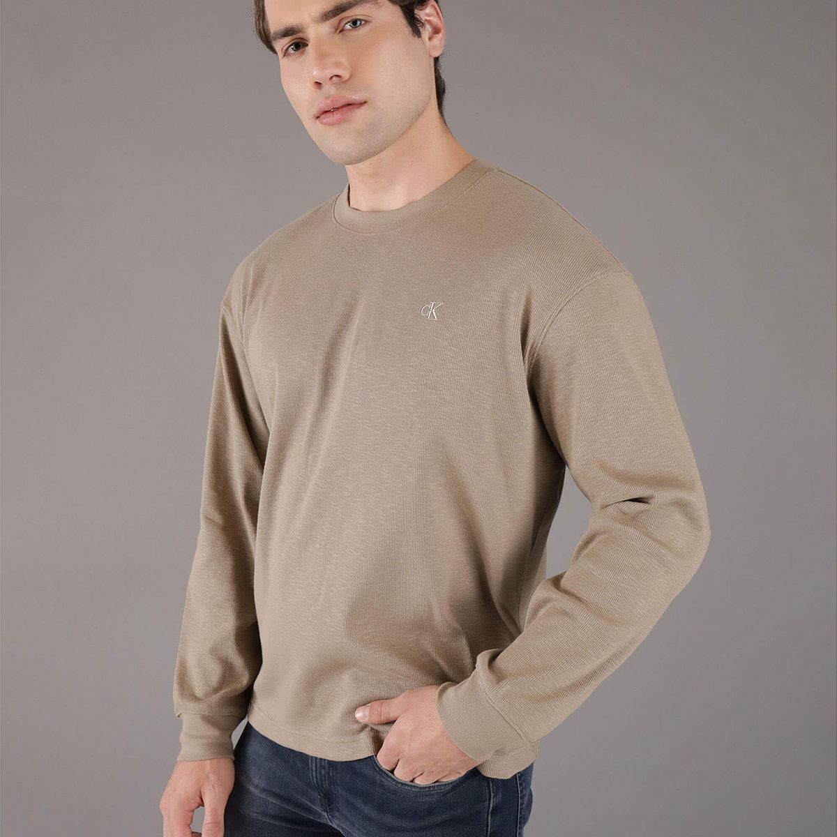 CALVIN KLEIN - Polera LS Slub Rib Beige Calvin Klein