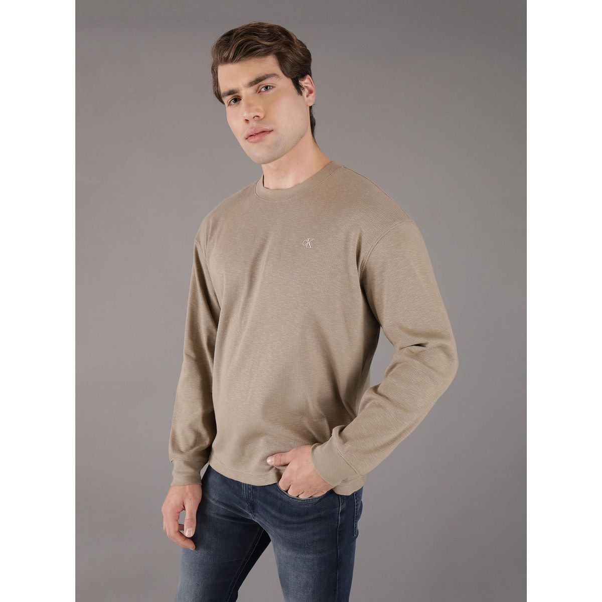 CALVIN KLEIN - Polera LS Slub Rib Beige Calvin Klein
