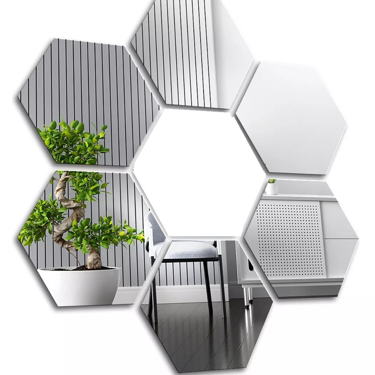 GENERICO - Pack X6 Vinilo Espejo Pared Adhesivo Hexagonal Decorativo
