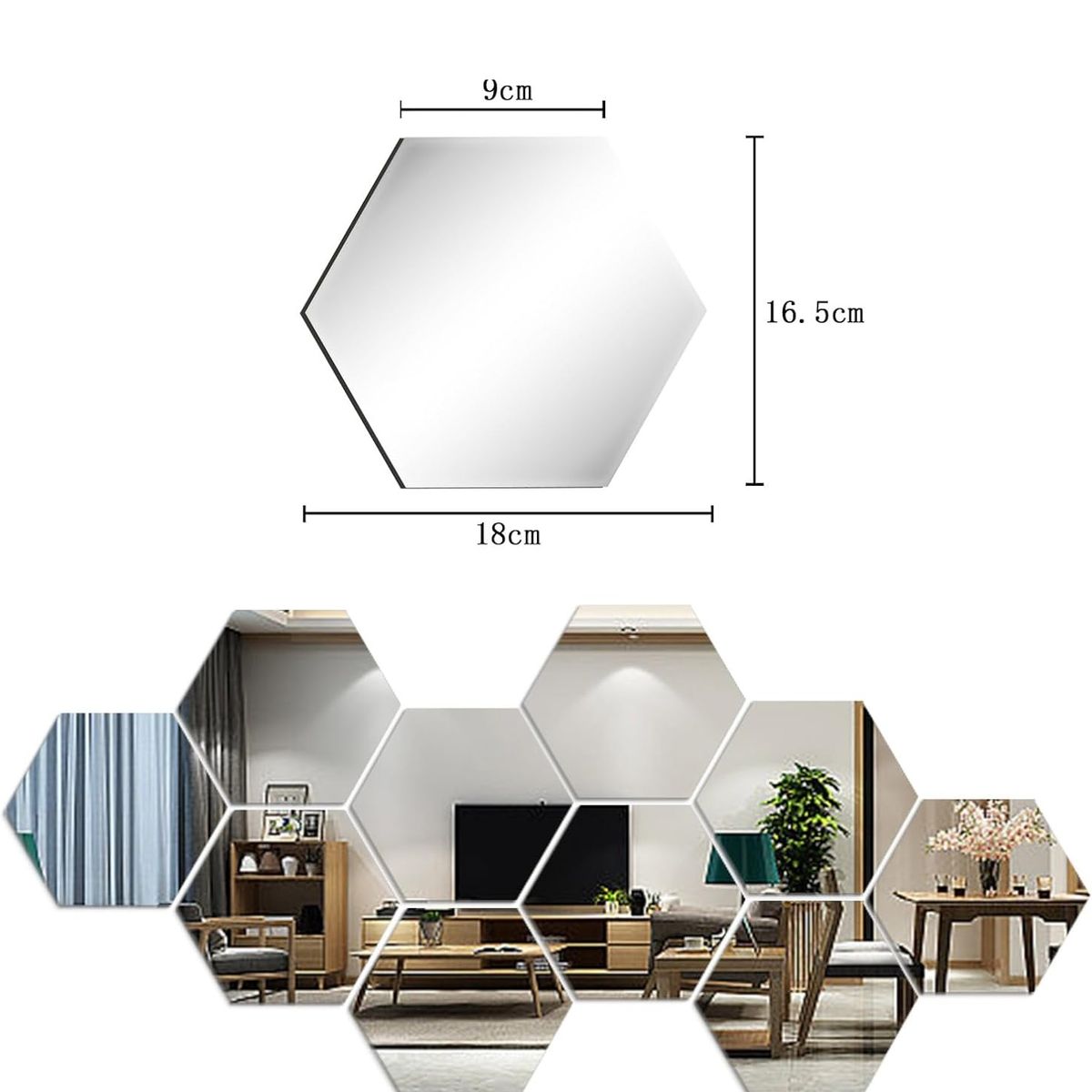 GENERICO - Pack X6 Vinilo Espejo Pared Adhesivo Hexagonal Decorativo