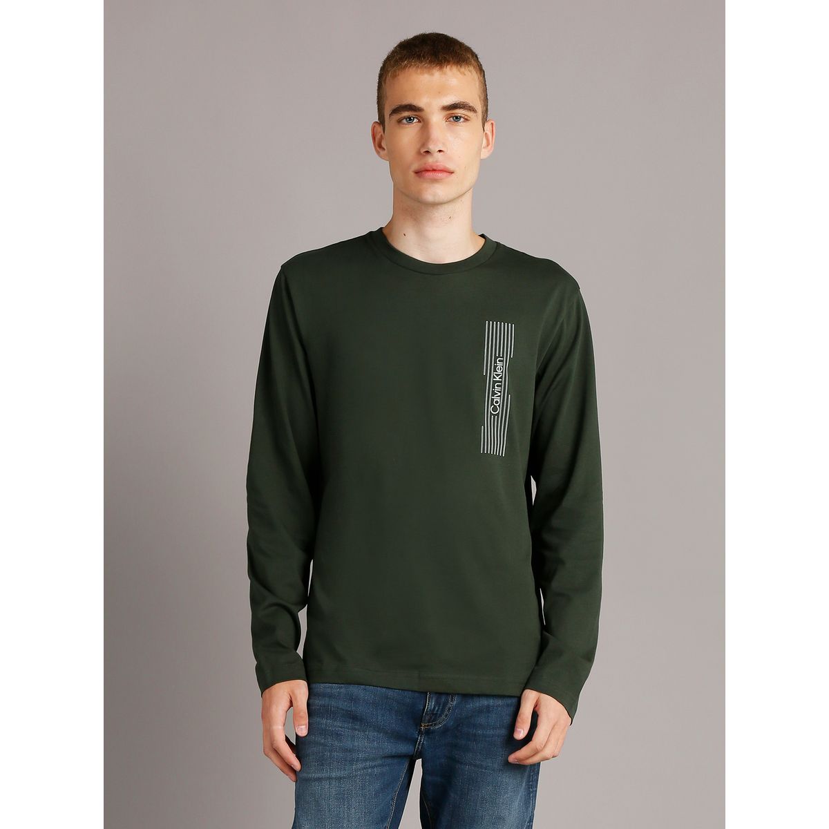CALVIN KLEIN - Polera LS Horizontal Logo Verde Calvin Klein M14