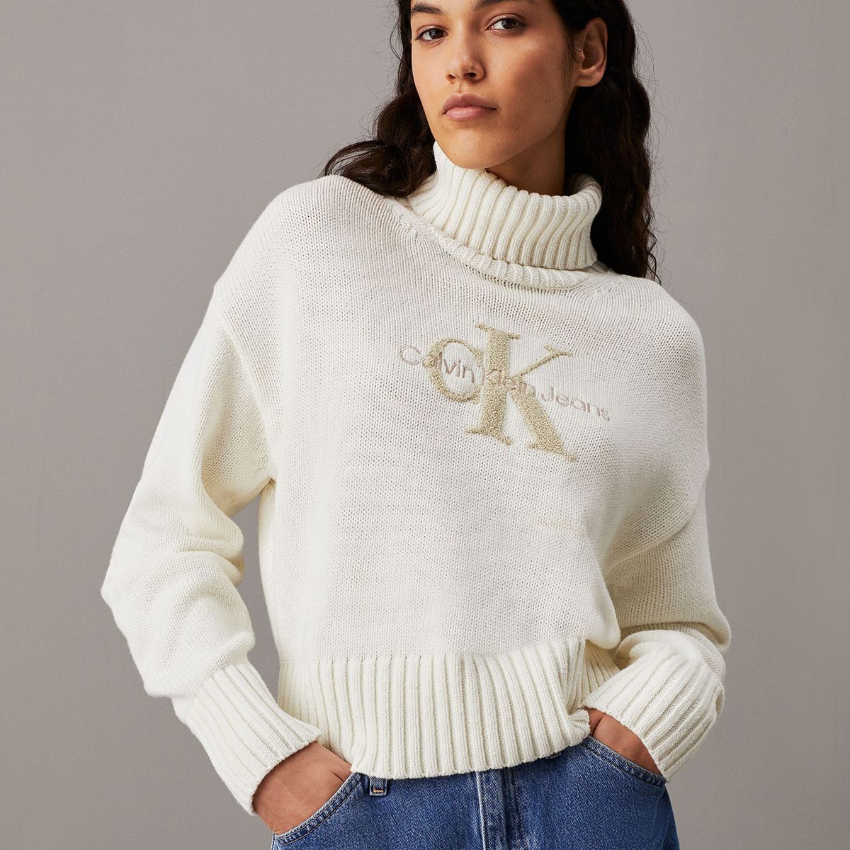 CALVIN KLEIN - Sweater Chenille Monologo Crema Calvin Klein