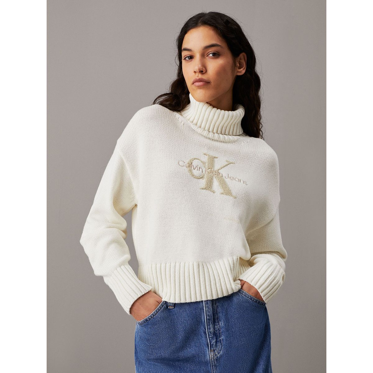 CALVIN KLEIN - Sweater Chenille Monologo Crema Calvin Klein