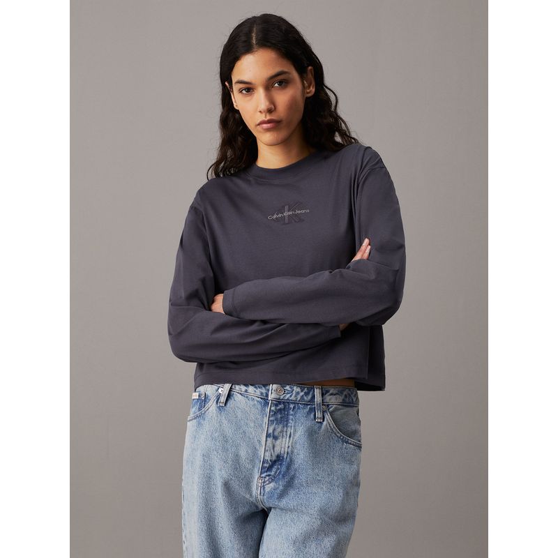 CALVIN KLEIN - Polera LS Monologo Loose Gris Calvin Klein
