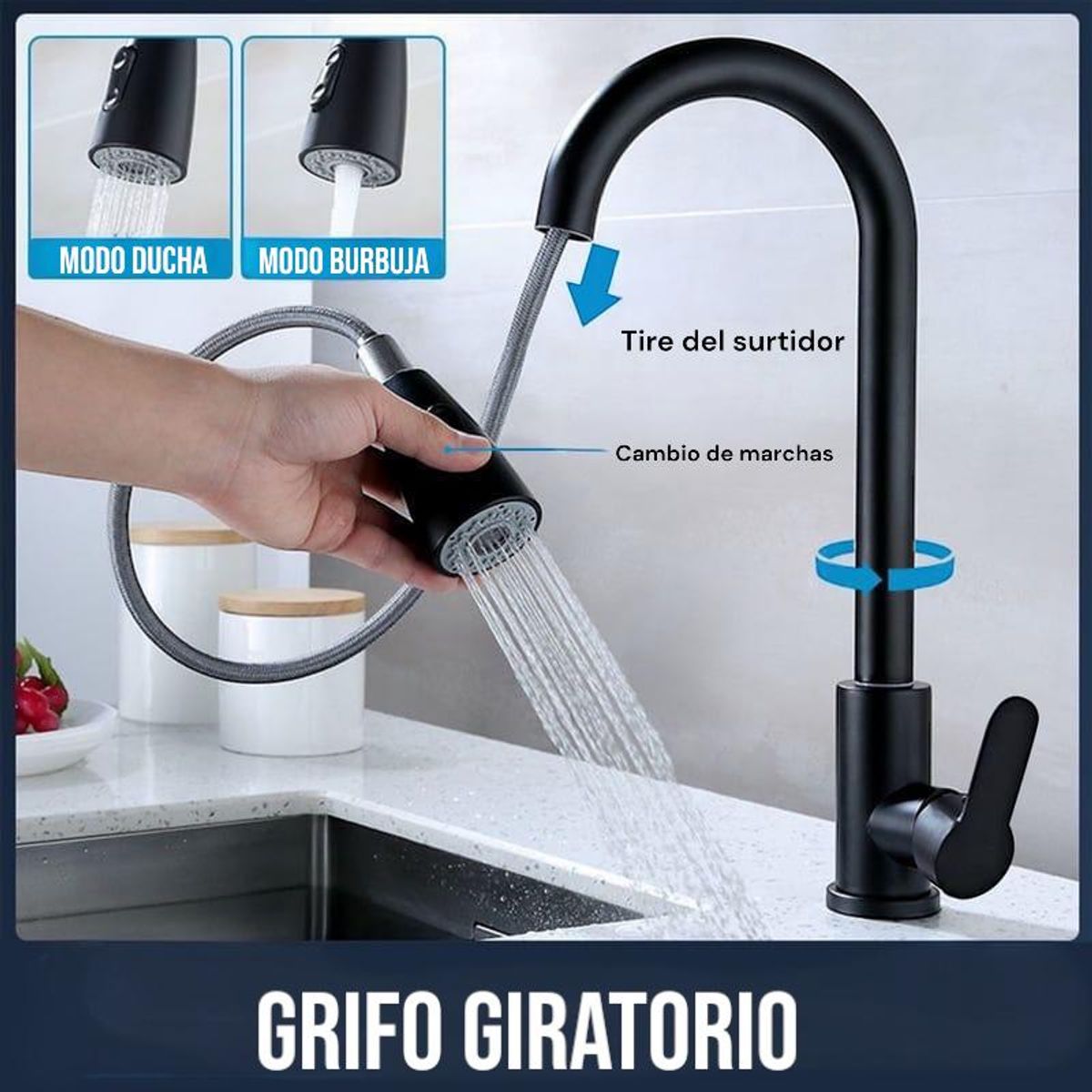 GENERICO - Llave Lavaplatos Monomando Acero Inoxidable Extraíble Negro