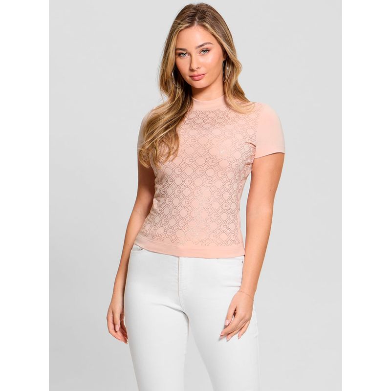 GUESS - Polera Ss Mock Neck All Over Logo Tee Rosado Guess