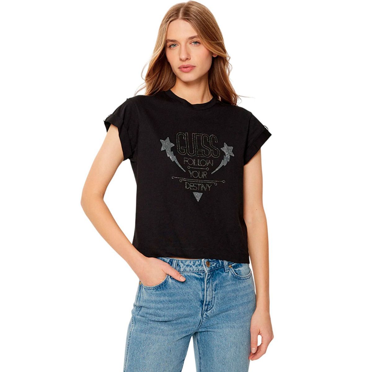 GUESS - Polera Ss Cn Sleeves Strass Detail Negro Guess