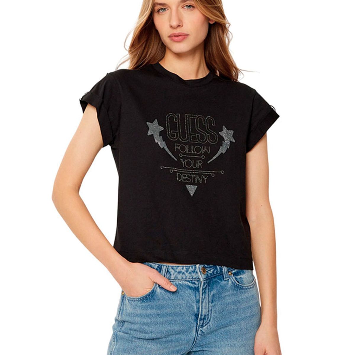 GUESS - Polera Ss Cn Sleeves Strass Detail Negro Guess