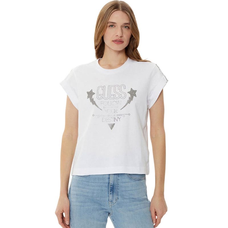 GUESS - Polera Ss Cn Sleeves Strass Detail Blanco Guess