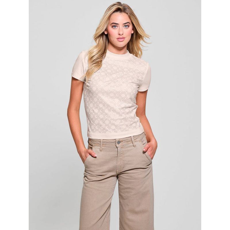 GUESS - Polera Ss Mock Neck All Over Logo Tee Blanco Guess