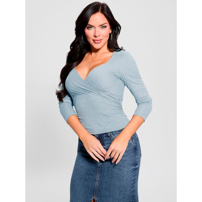 GUESS - Polera Ls Amira Shirred Rib Top Azul Guess