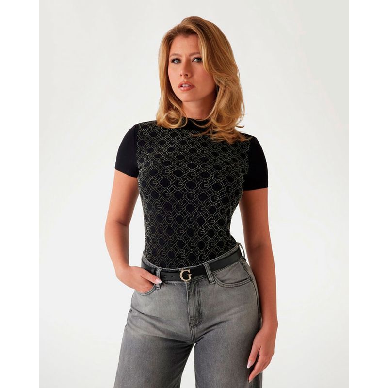 GUESS - Polera Ss Mock Neck All Over Logo Tee Negro Guess