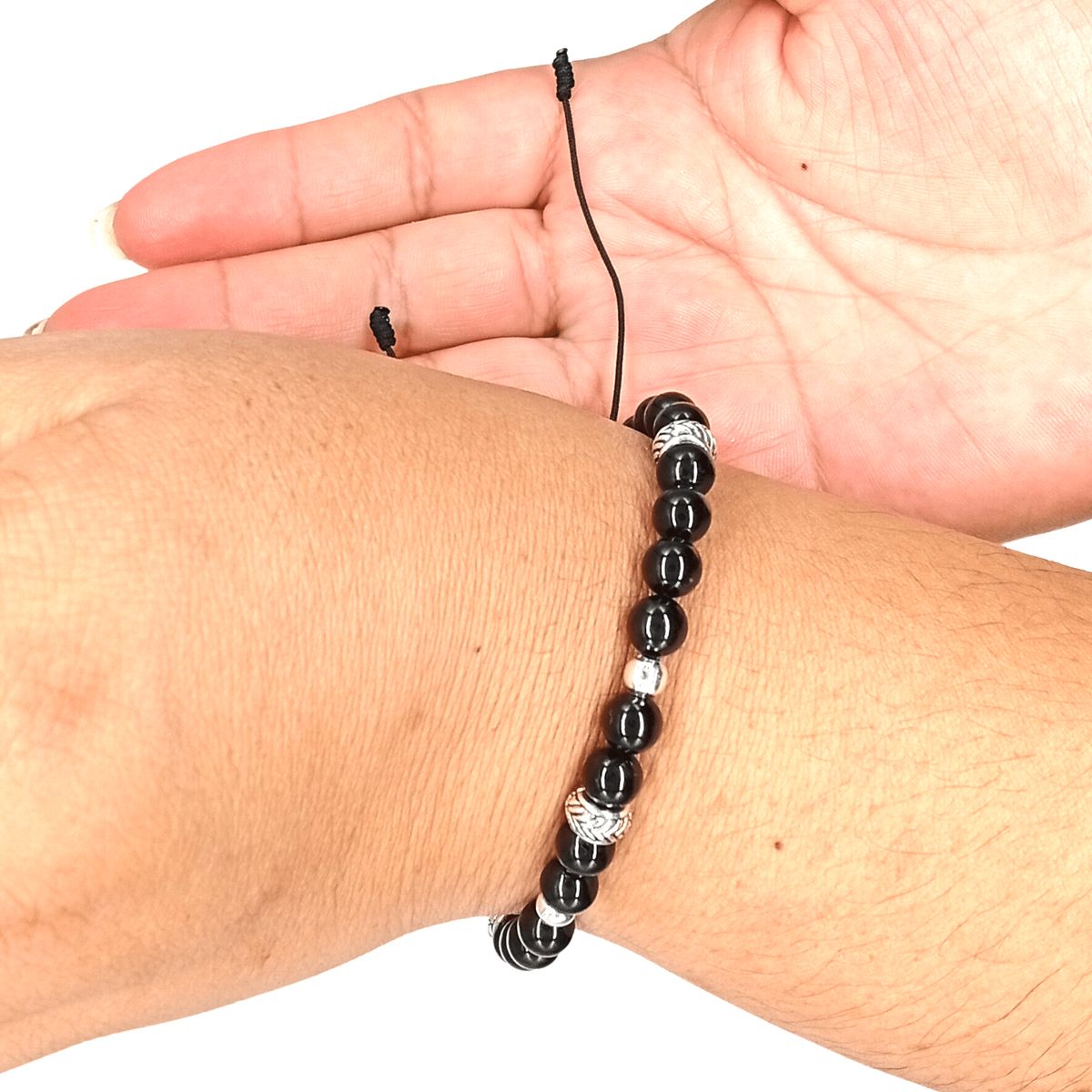 GENERICO - Pulsera Turmalina Negra y Plata Ajustable  Piedra Natural Original