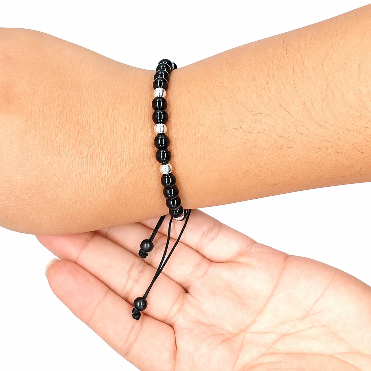 GENERICO Pulsera Turmalina Negra y Plata Ajustable Piedra Natural
