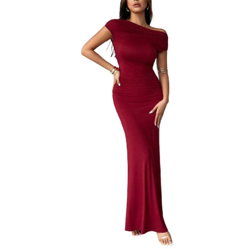 DANWEILE - Vestido largo ajustado a la cadera con cuello redondo para mujer-Rojo