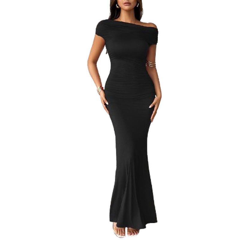 DANWEILE - Vestido largo ajustado a la cadera con cuello redondo para mujer-negro