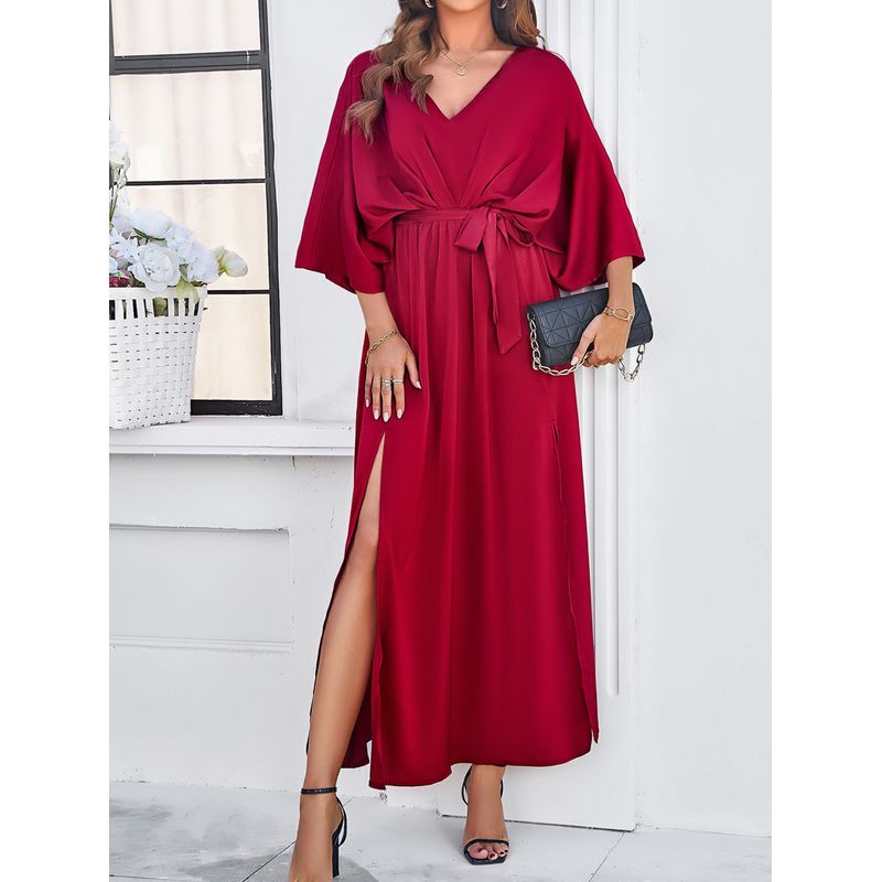 DANWEILE - Vestido elegante holgado con escote en V para mujer - rojo