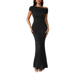DANWEILE - Vestido largo ajustado a la cadera con cuello redondo para mujer-negro