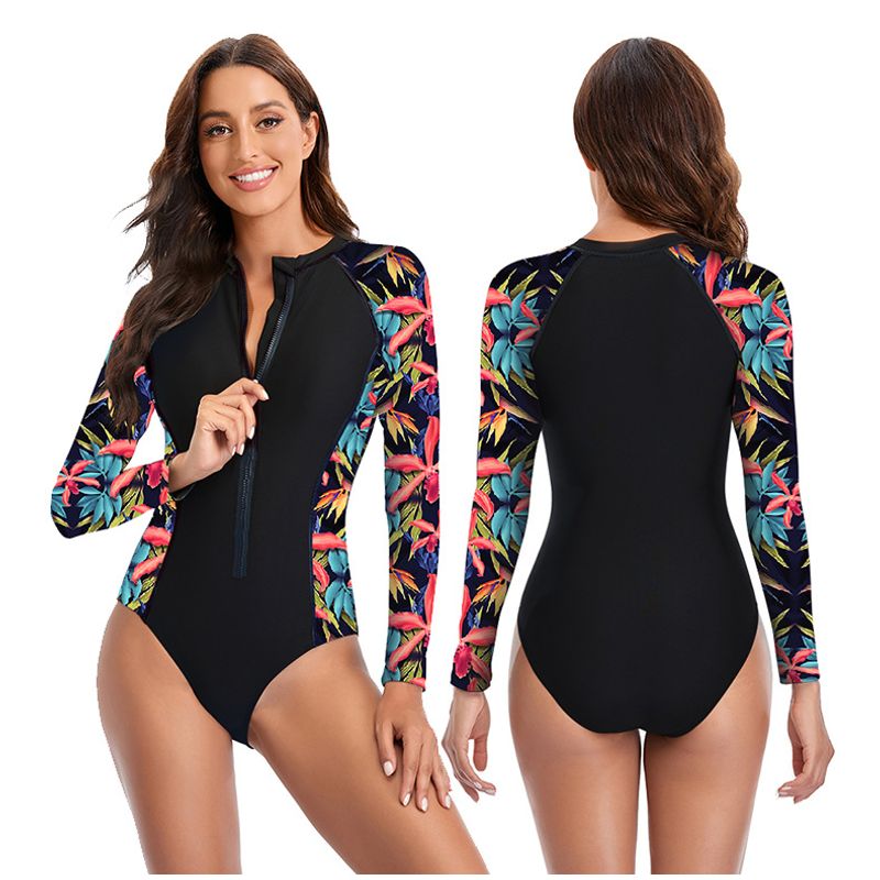 ORILWAYO - Traje de Baño Entero Manga Larga Mujer - Negro Floreado
