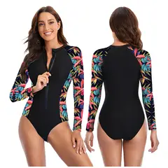 ORILWAYO - Traje de Baño Entero Manga Larga Mujer - Negro Floreado