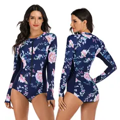 ORILWAYO - Traje de Baño Entero Manga Larga Mujer - Azul Floreado