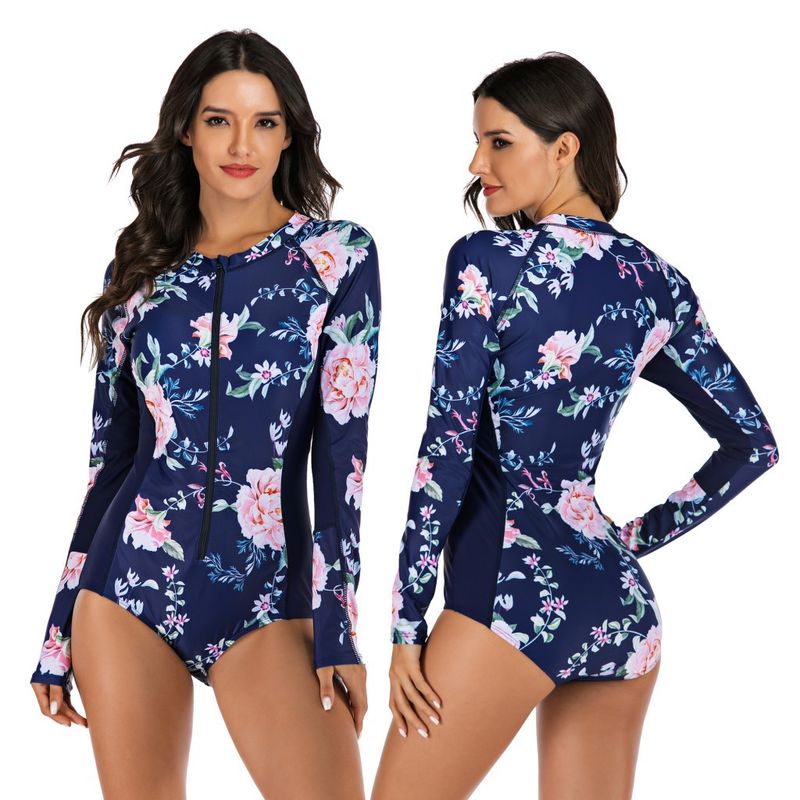 ORILWAYO - Traje de Baño Entero Manga Larga Mujer - Azul Floreado