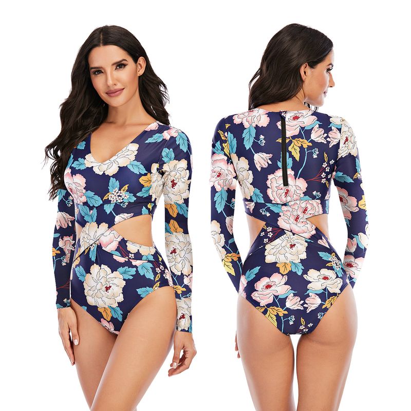 ORILWAYO - Traje de Baño Entero Manga Larga Mujer - Azul Floreado