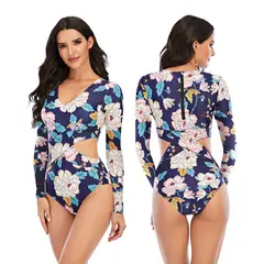 ORILWAYO - Traje de Baño Entero Manga Larga Mujer - Azul Floreado