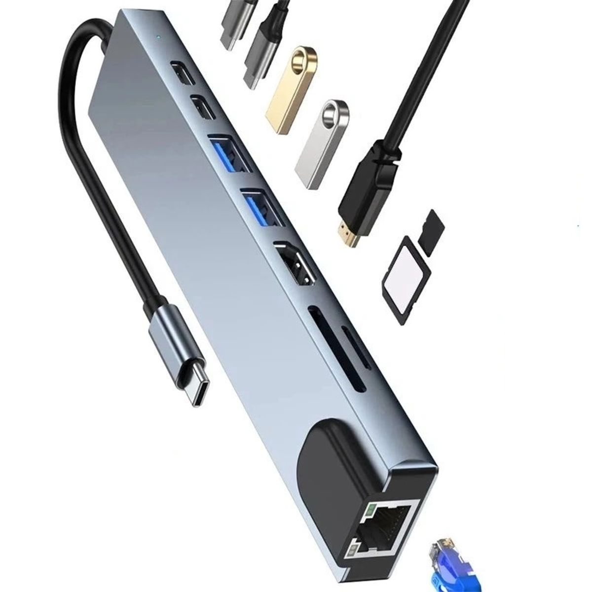 EON - Hub Adaptador Usb Tipo C 8 En 1 Para Macbook Windows Lan