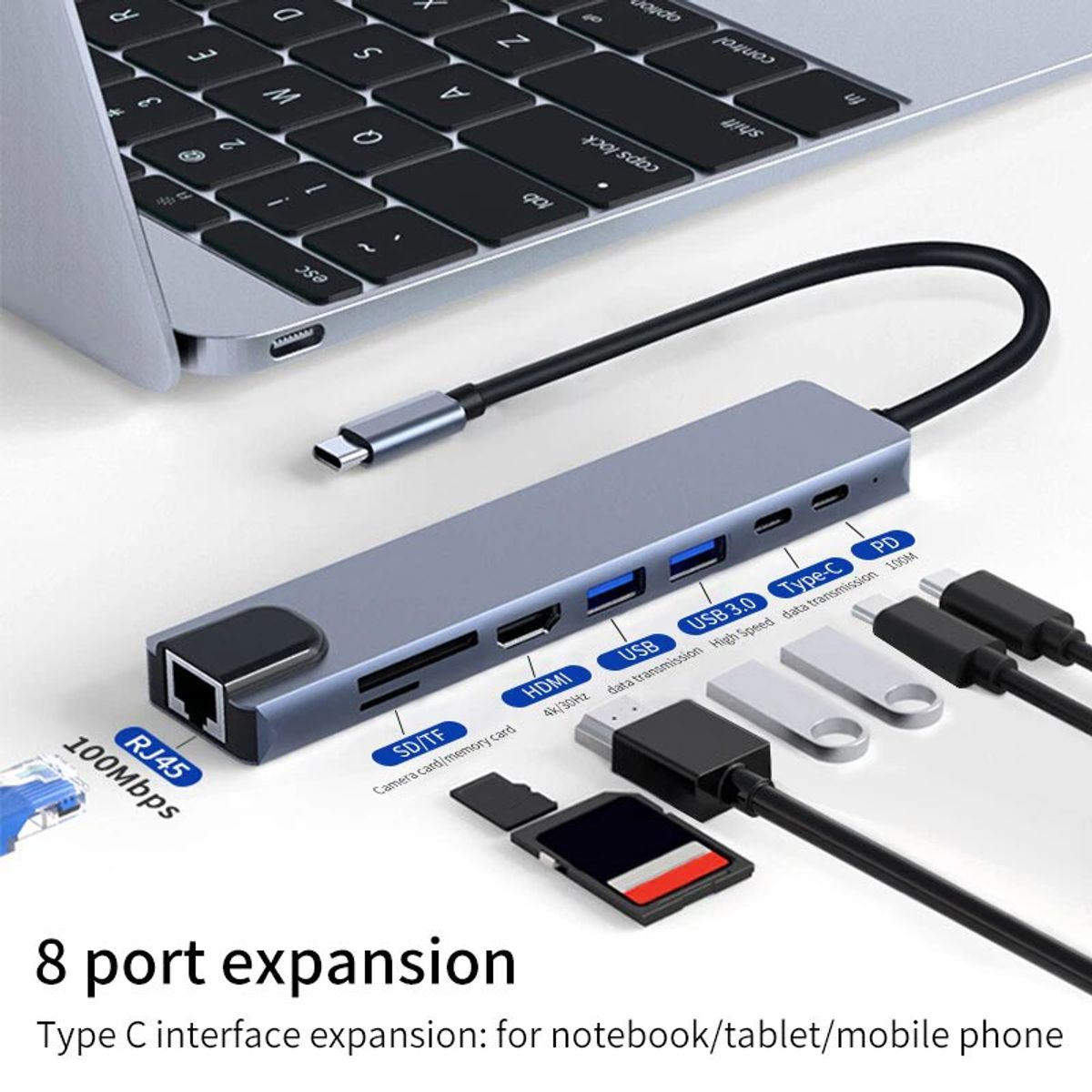 EON - Hub Adaptador Usb Tipo C 8 En 1 Para Macbook Windows Lan