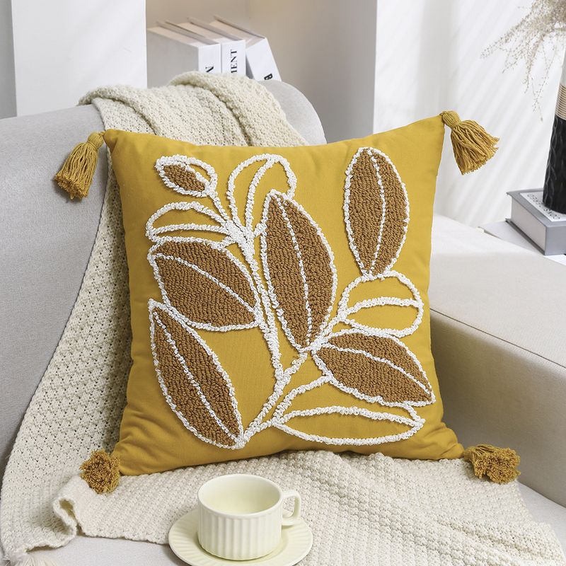 BLWOENS - Cojín Boho Chic 45x45 cm Hojas en Relieve Mostaza