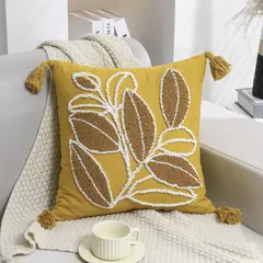 BLWOENS - Cojín Boho Chic 45x45 cm Hojas en Relieve Mostaza