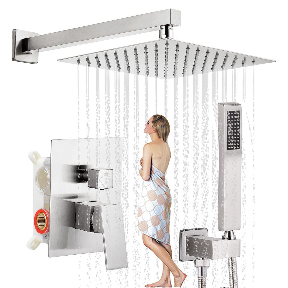 KUANGYE - Combo De Rociador Cuadrado para Ducha De Lluvia Con Brazo Y Monomando Teléfono 2 Funciones
