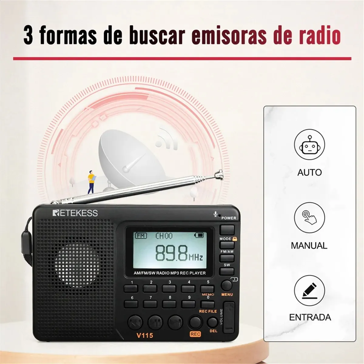 GIOIO - Radio Fm Am Sw Portátil Recargable Reproductor Mp3 Grabación