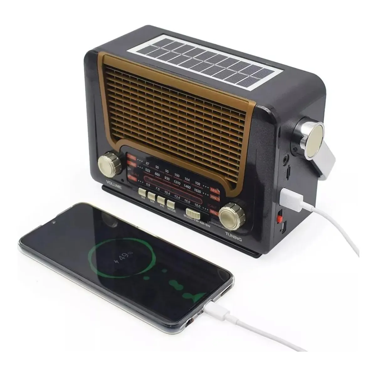 MUNDO MAGIA - Radio Vintage + Panel Solar + Linterna + Bt + Tf + Usb