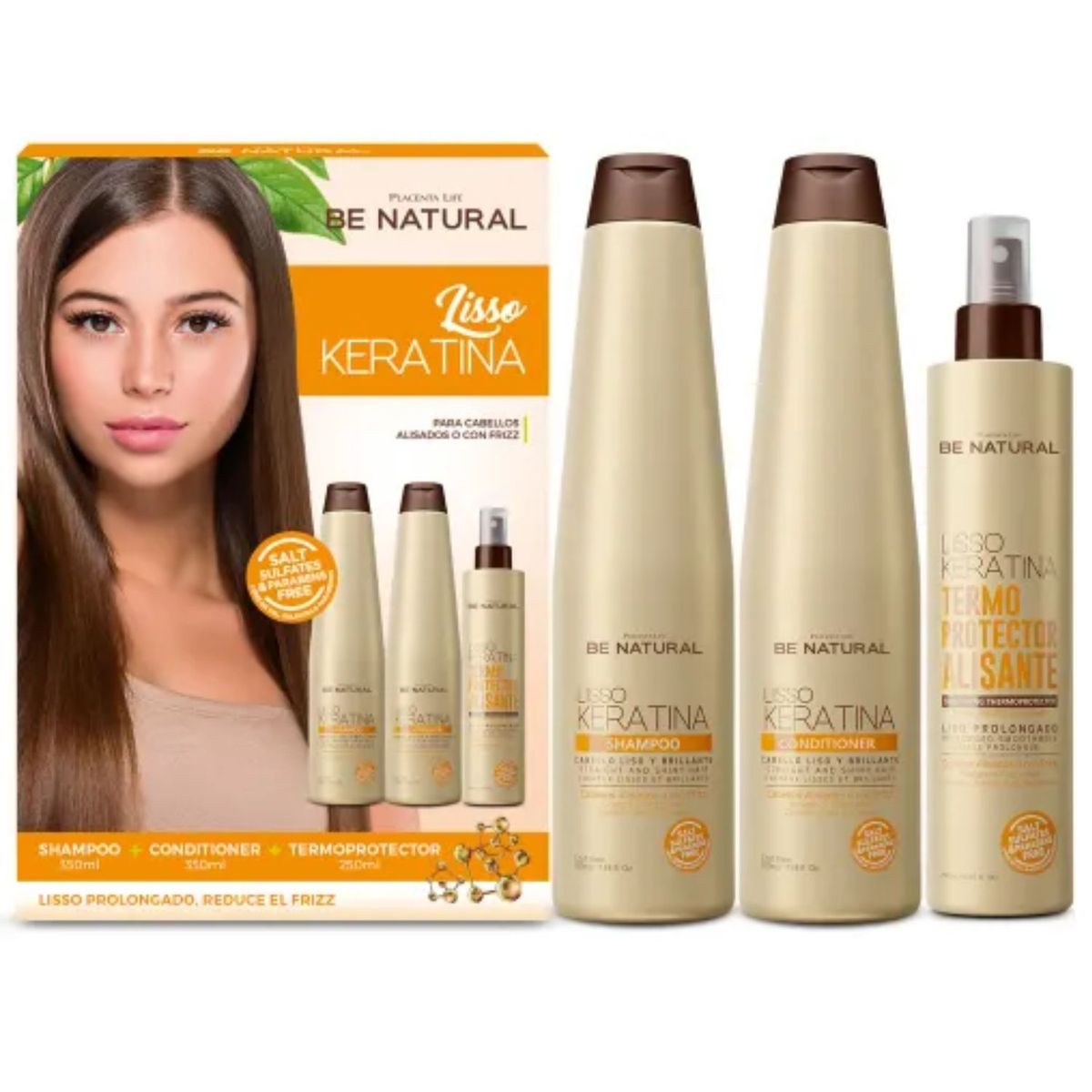 PLACENTA LIFE BE NATURAL - Set Lisso Keratina Shampoo Y Acondicionador Termo Protector Be Natural