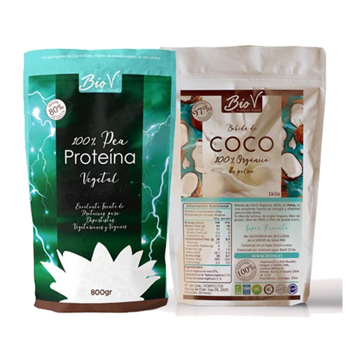 BIOV - Pack Proteína de Arveja 800g + Leche de Coco en Polvo 1Kg Bio V