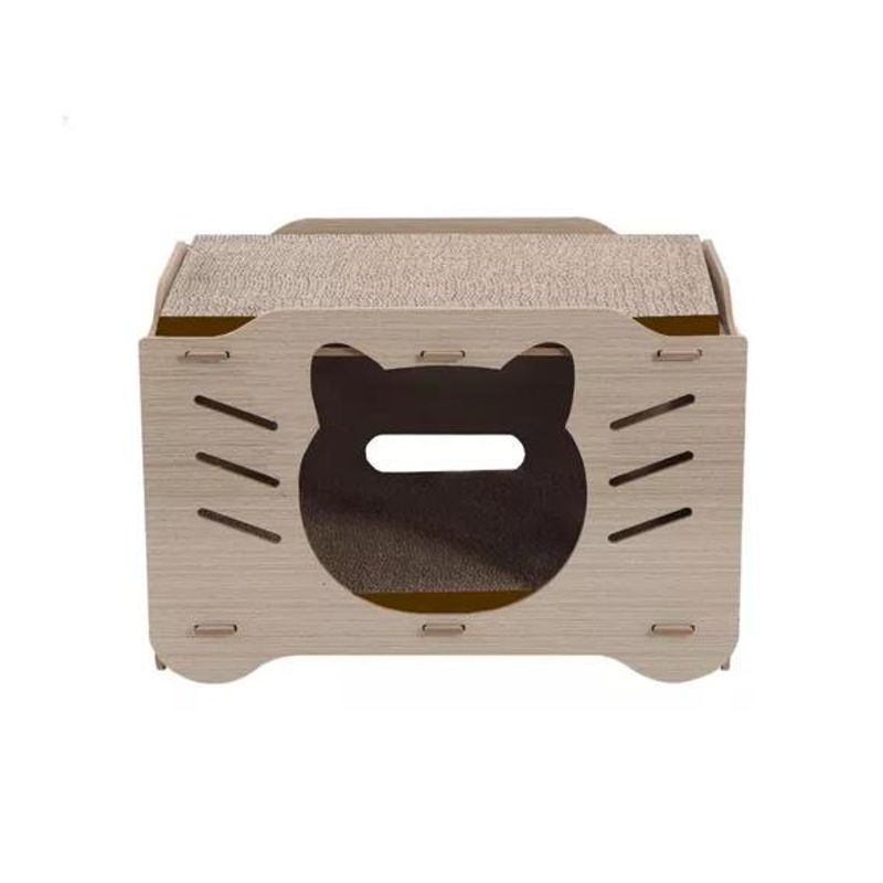 GENERICO - Casa refugio rascador madera y cartón corrugado gato café