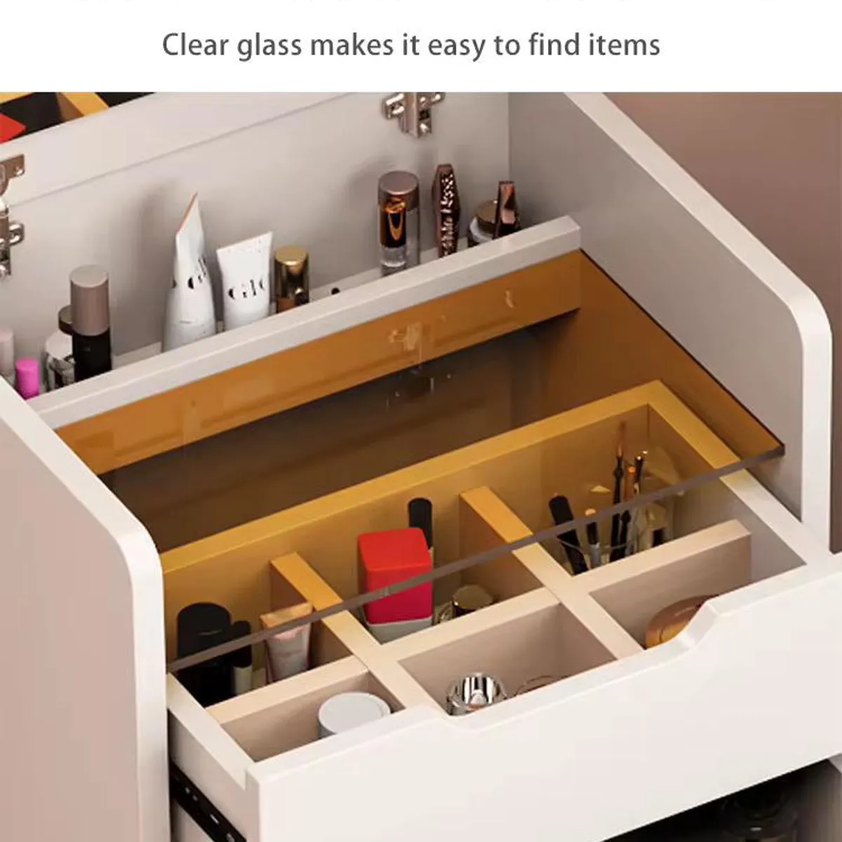 ACTUAL - Tocador Con Espejo LED Táctil Cajones Organizadores y Banca de Almacenamiento