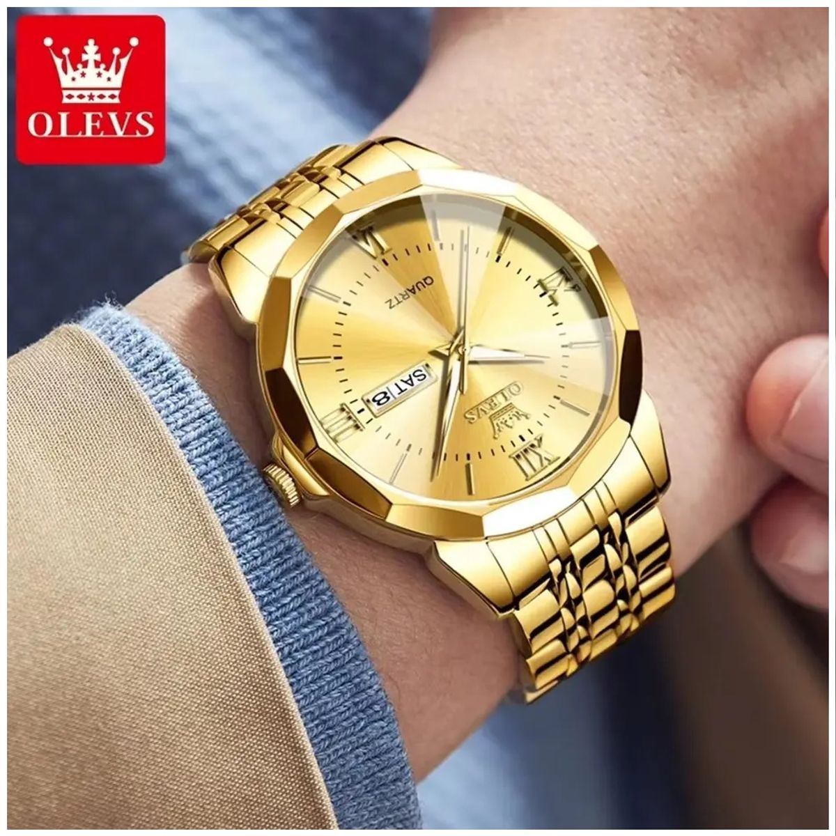 STARTECHOFFICE - Reloj de Hombre Dorado en Acero Inoxidable Lujo Deportivo y Ejecutivo Resistencia al agua 3ATM