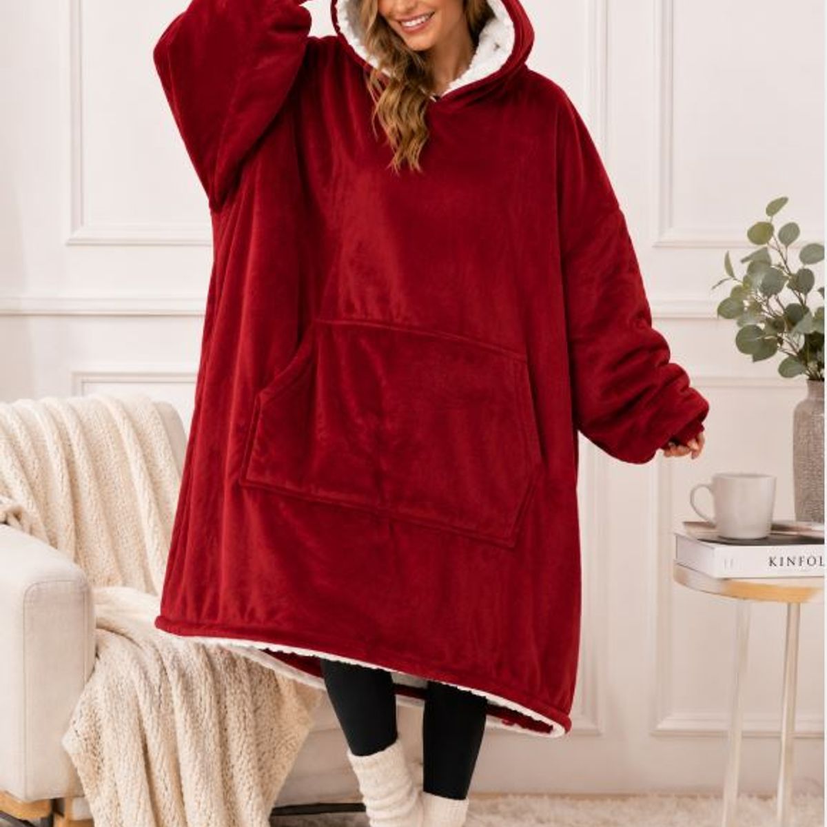 MOVI - Polerón Sherpa Oversize con Capucha Tipo Huggle  Talla Única - Rojo
